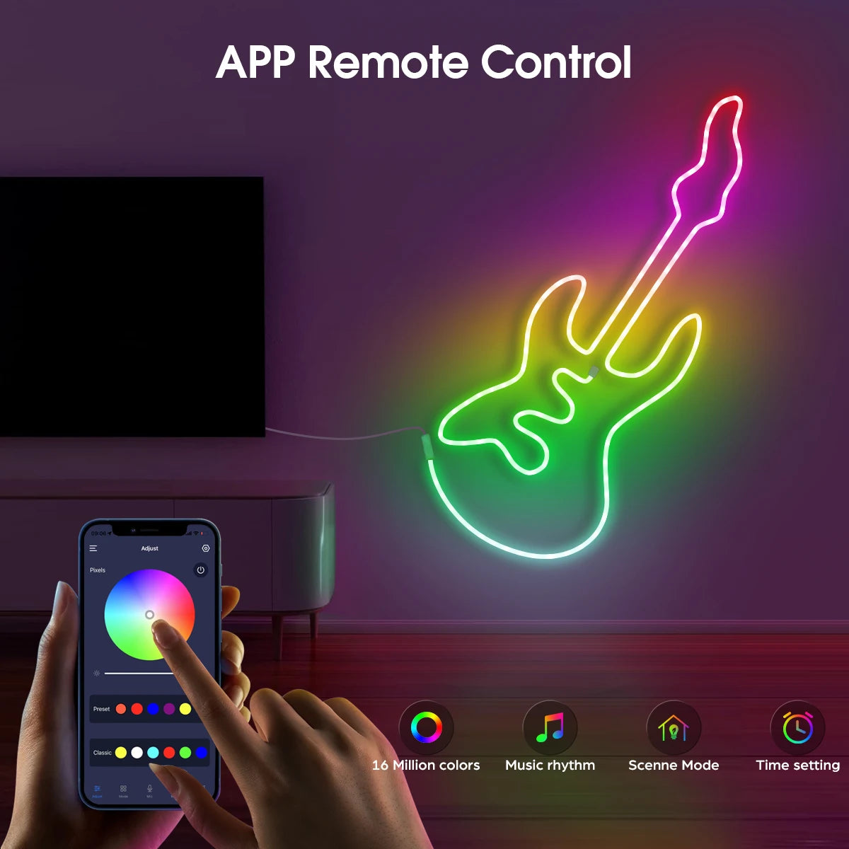 ruban led néon multicolore moderne télécommande bluetooth clips mur décoration salon