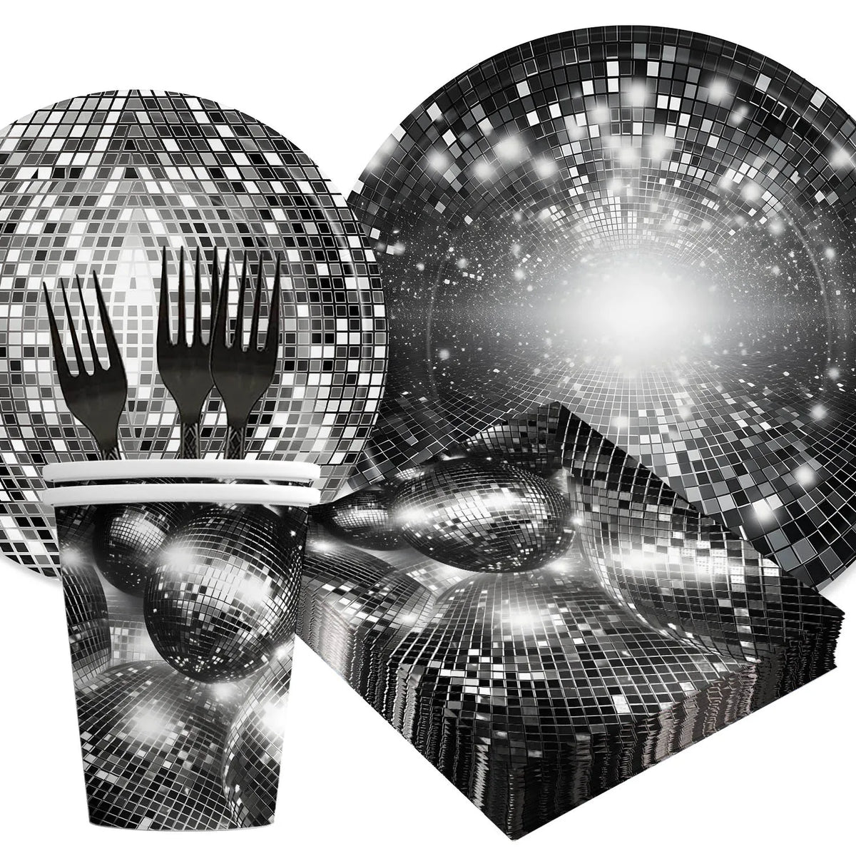 assiettes argentées moderne serviettes noires cuillères festives disco brillantes anniversaire événement celebration joyeuse