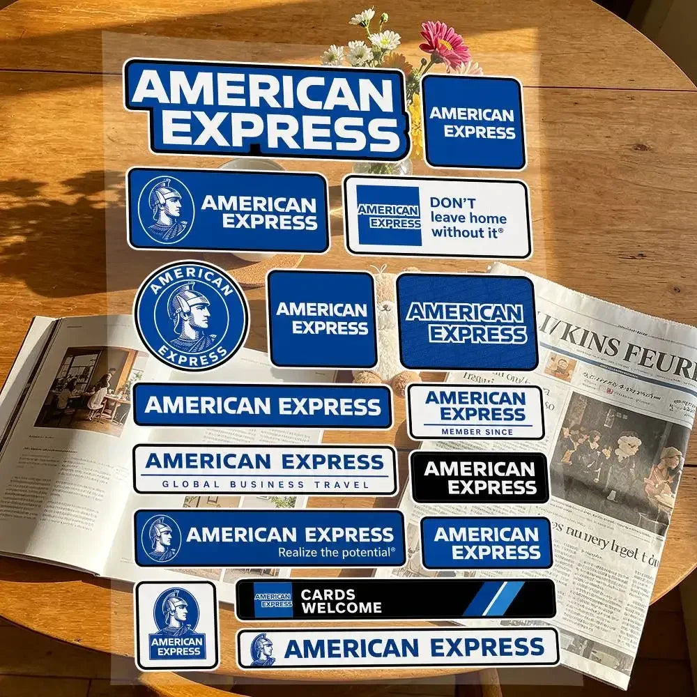 stickers american express vintage adhésifs bleu blanc rouge marron transparents motifs logos
