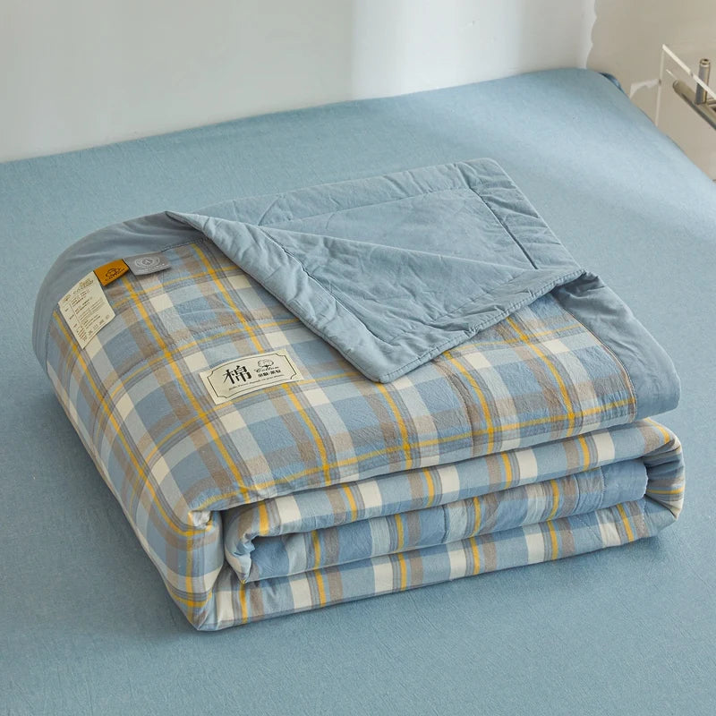 couvre lit coton matelassé carreaux bleu jaune blanc lit double chambre moderne été