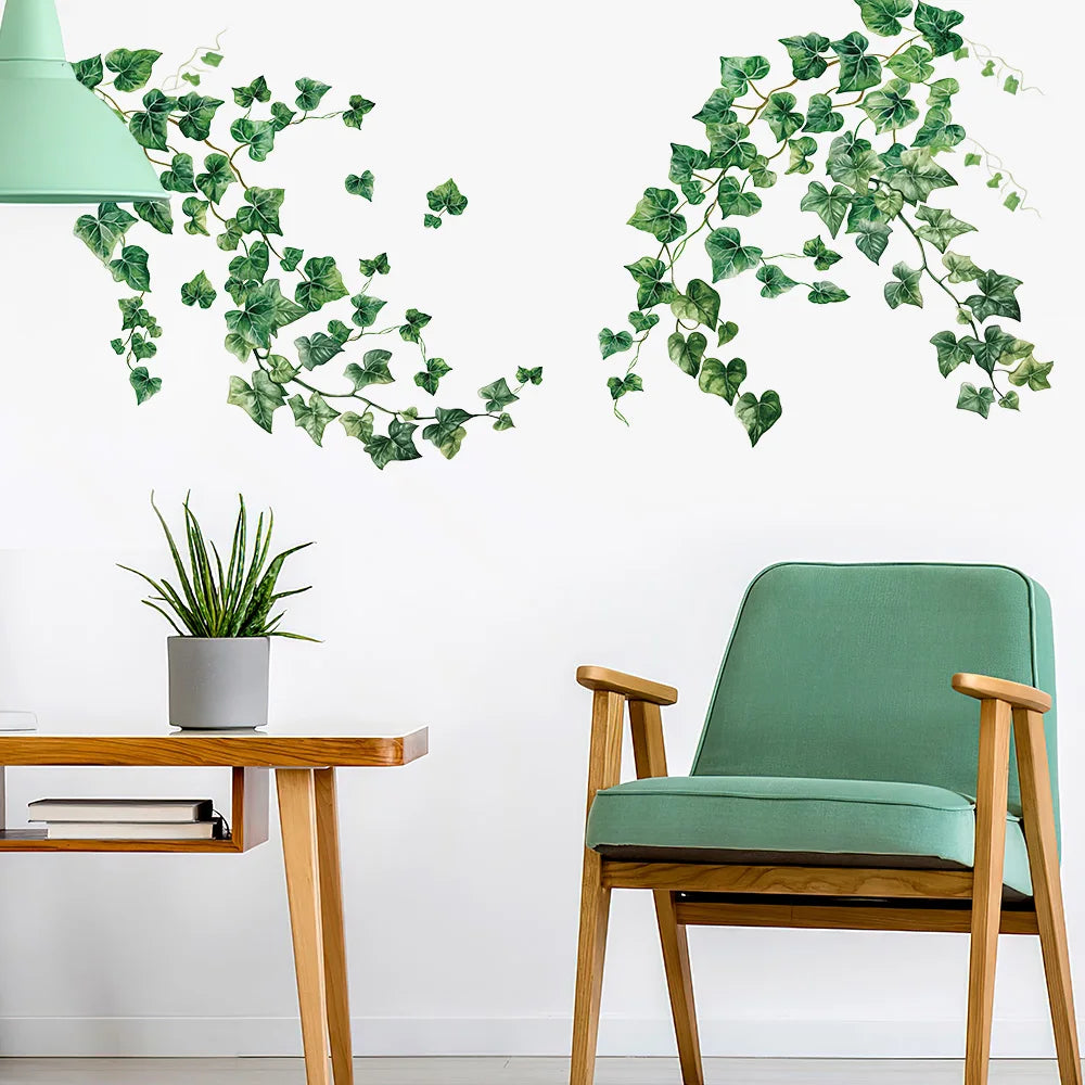sticker mural lierre feuilles vert illustration aquarelle adhésif décoration intérieure moderne naturel bohème
