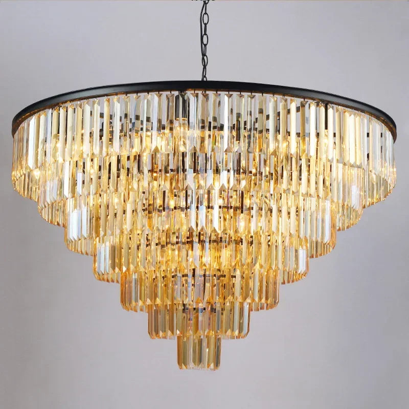 lustre led moderne élégant cristal transparent doré rangs pendants chaines noires
