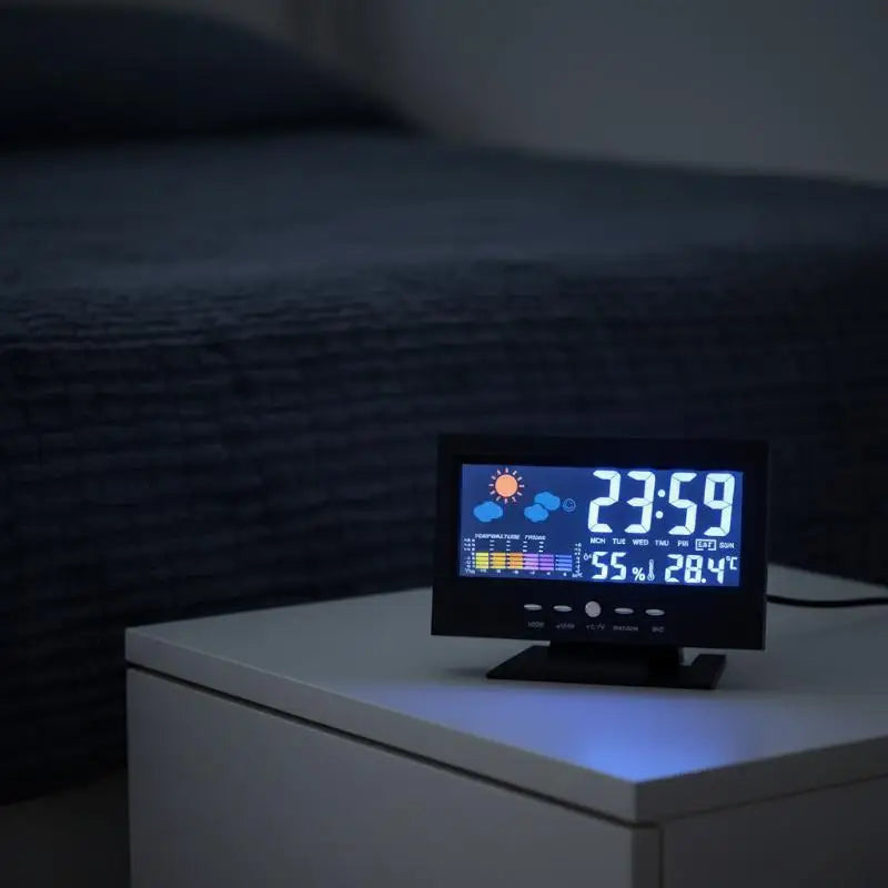 horloge météo multifonctionnelle noire affichage heure température humidité calendrier météo date confort moderne