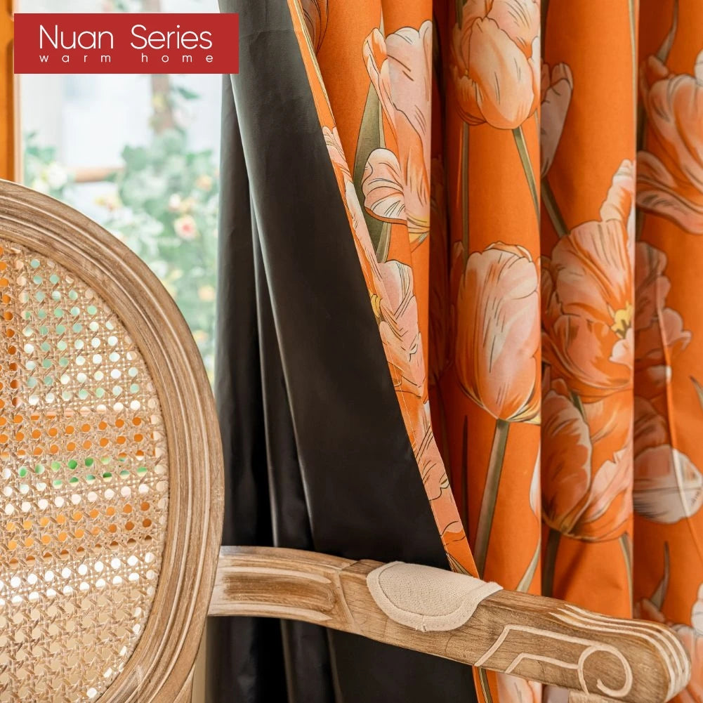 rideaux fleur tulipe orange classique salon polyester moderne floral