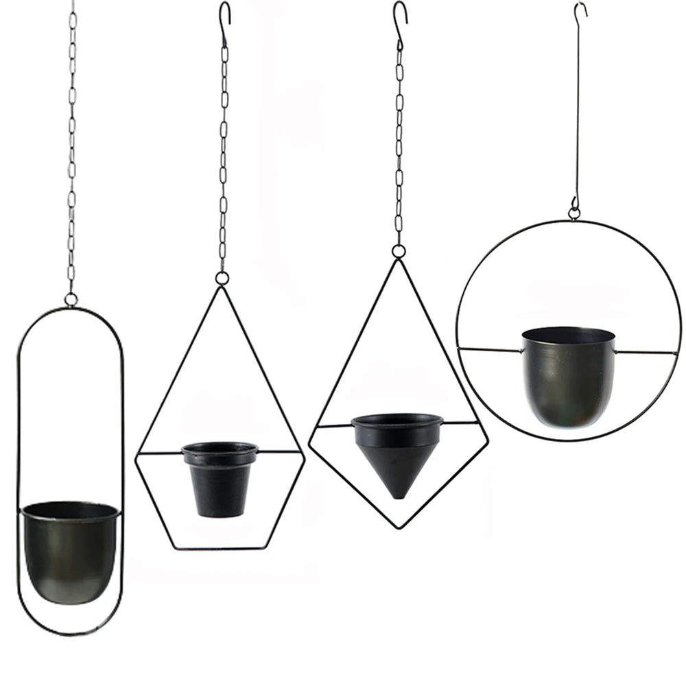 pots suspendus métal noir modernes géométriques hexagonnels chaîne métallique balcon jardin decoration