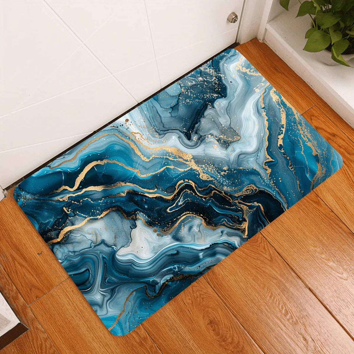 tapis moderne marbré bleu doré salon extérieur salle bain polypropylène polyester