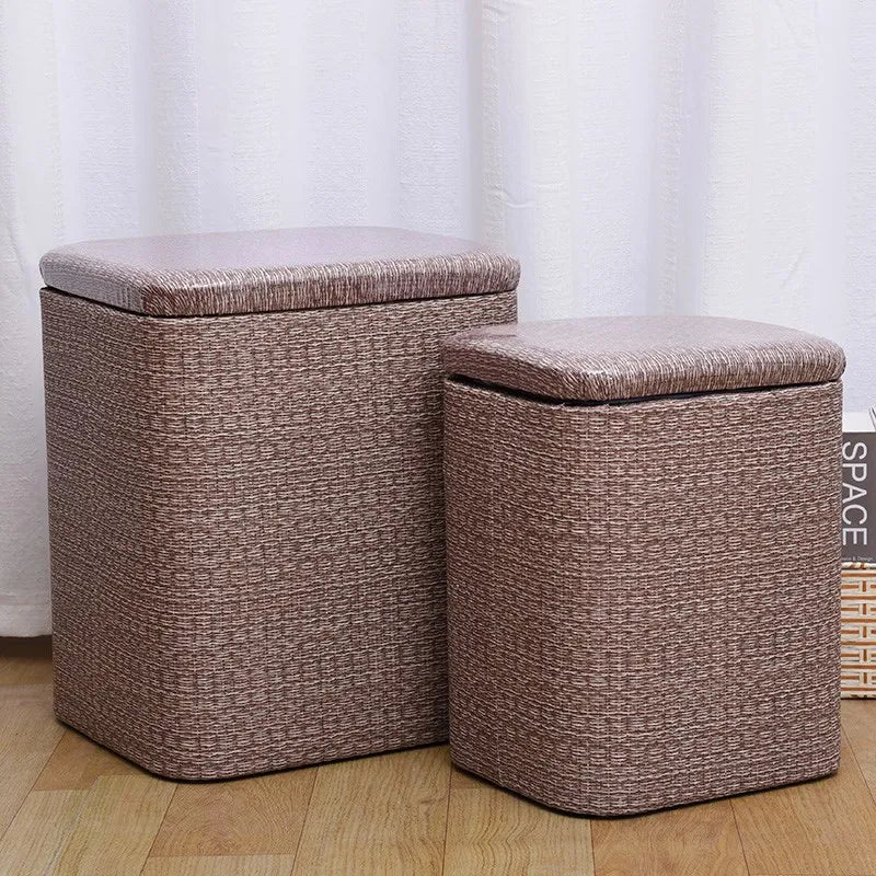 tabouret rangement bois multifonctionnel moderne couleurs beige bleu marron clair tissu motifs géométriques opacité