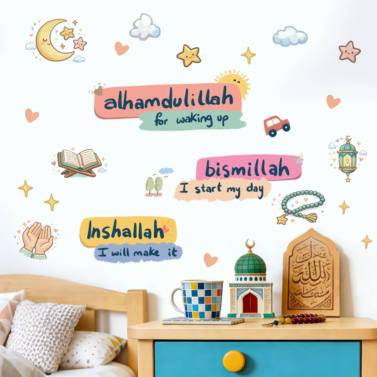 stickers muraux multicolores textes religieux symboles motifs géométriques adhésifs illustratifs colorés İslamiques maison chambre