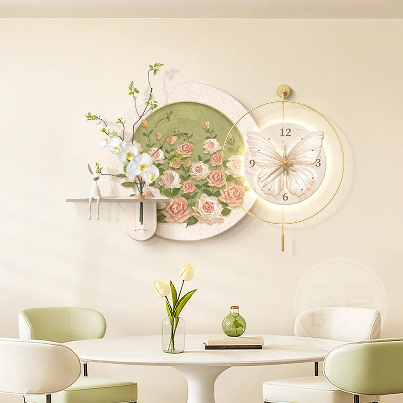 horloge murale moderne fleurs papillon rose blanc doré