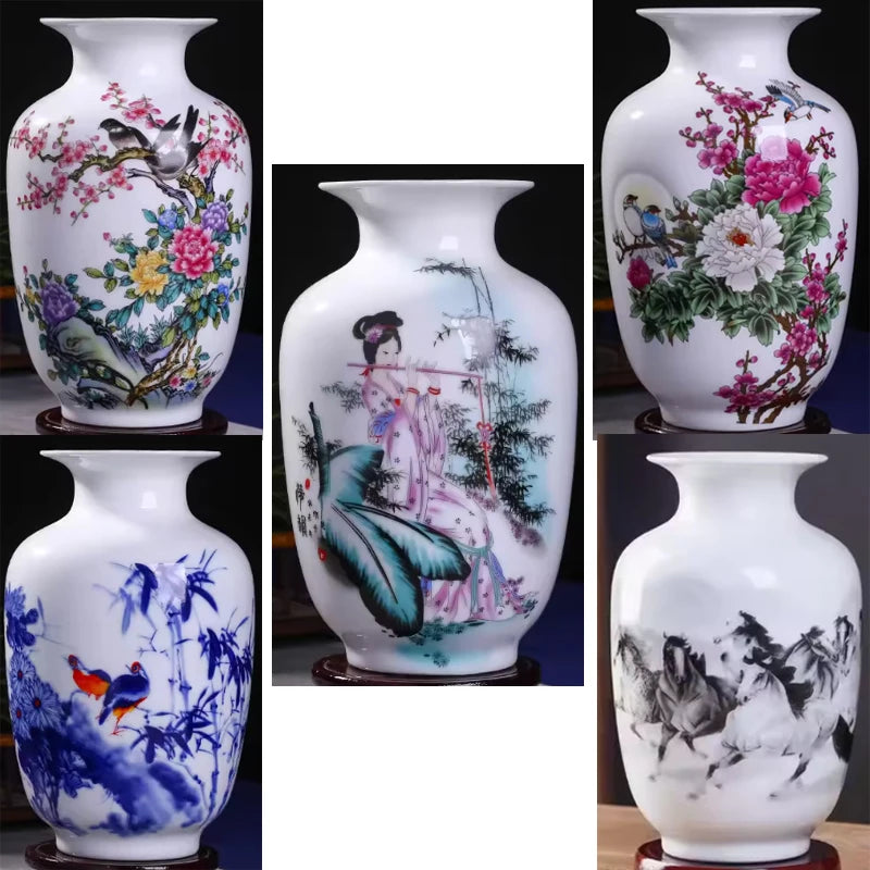Vases de porcelaine décorés de motifs floraux, de scènes paysagères et d'animaux, illustrant la beauté et l'artisanat de la céramique chinoise traditionnelle.
