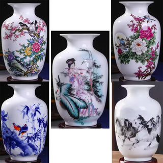 vase decoratif asiatique motifs floraux couleur blanche touches rouges vertes jaune bleu hauteur 24cm