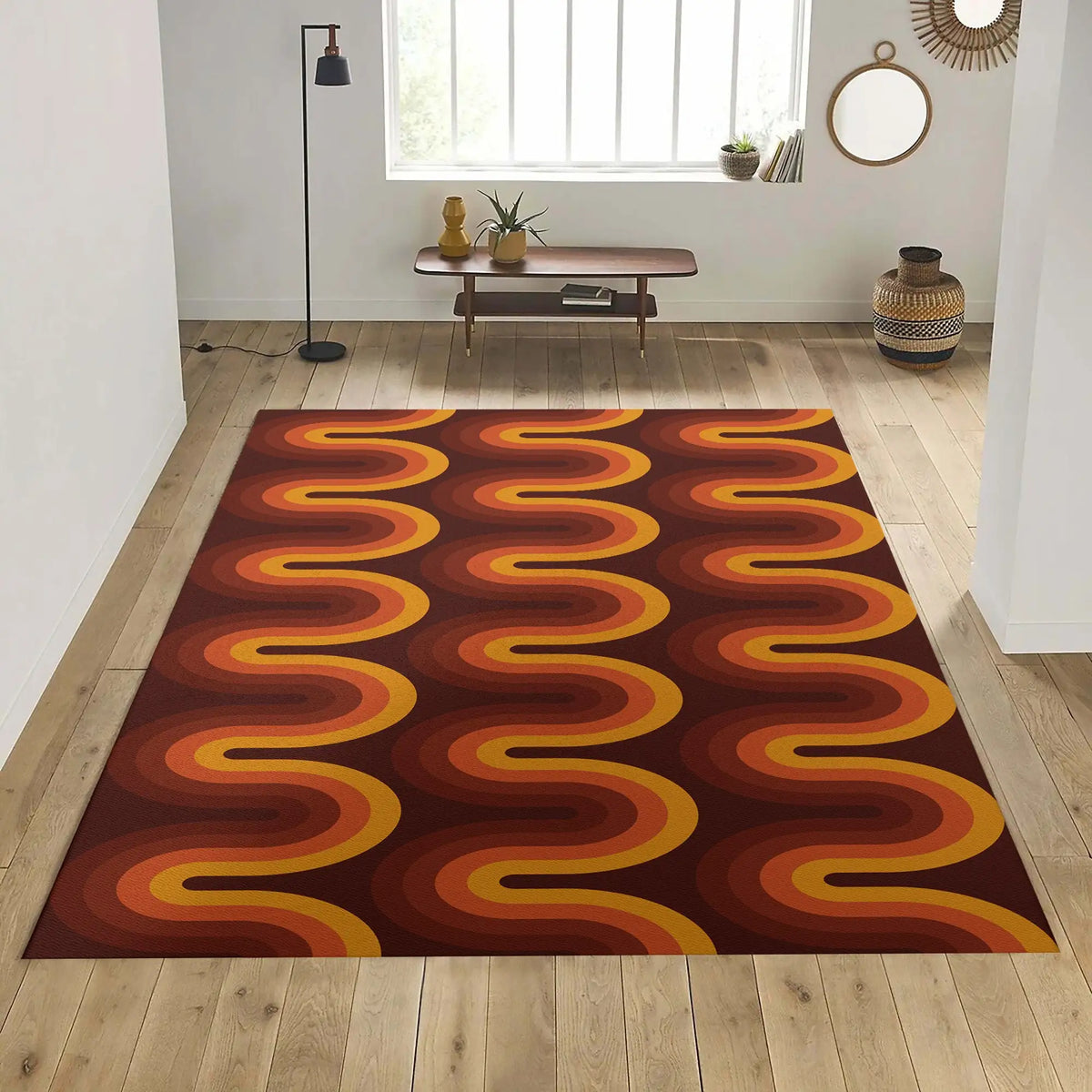 tapis marron orange rouge moderne rétro rayures ondulées polyester salon chambre extérieur