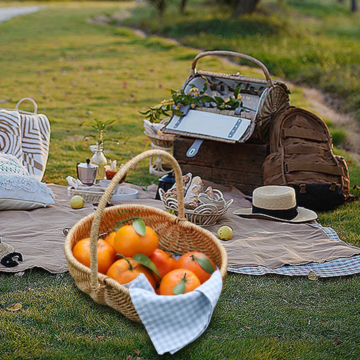 panier tissé rustique panier pique nique portable plein air conteneur fruits poignée ornemental tressage