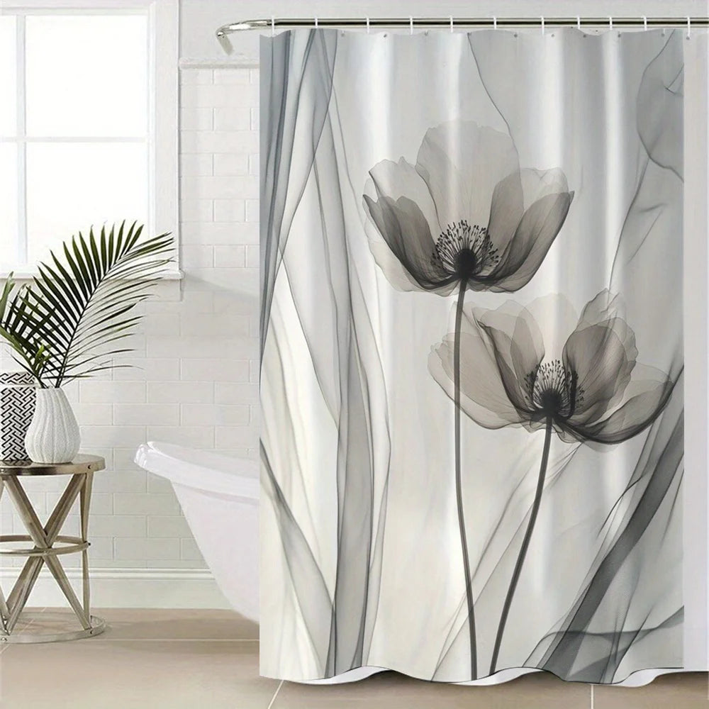 rideau douche polyester gris fleurs abstraites moderne translucide crochets blancs minimaliste