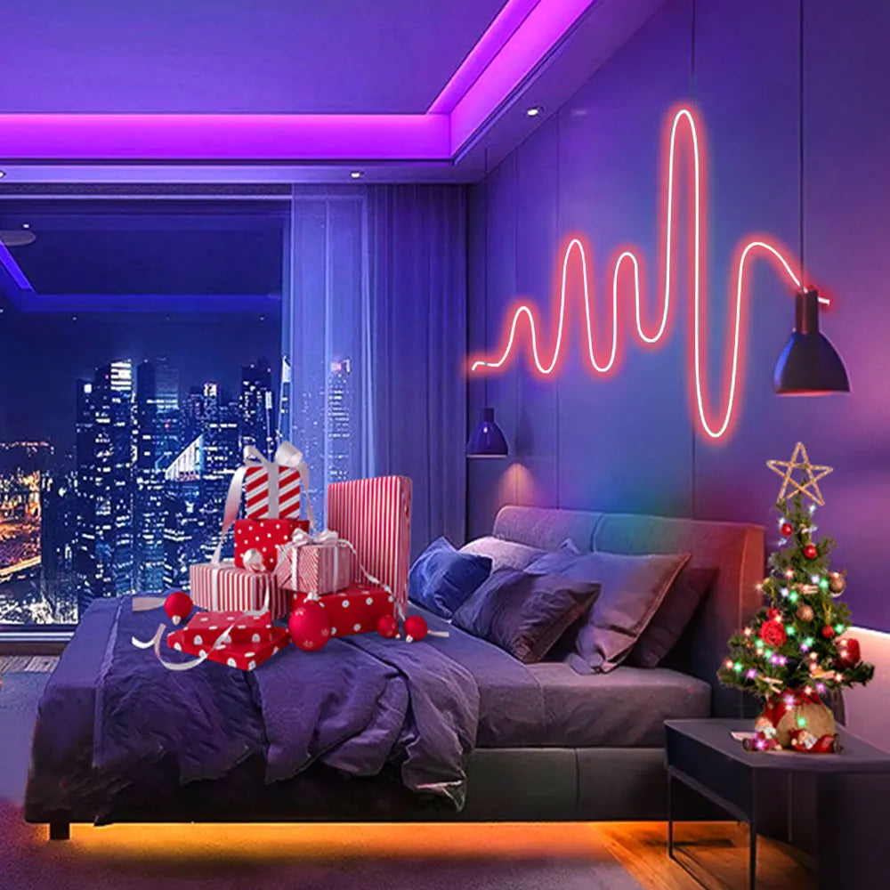 ruban led néon bleu rose blanc controle telecommande decoration moderne salon clips muraux
