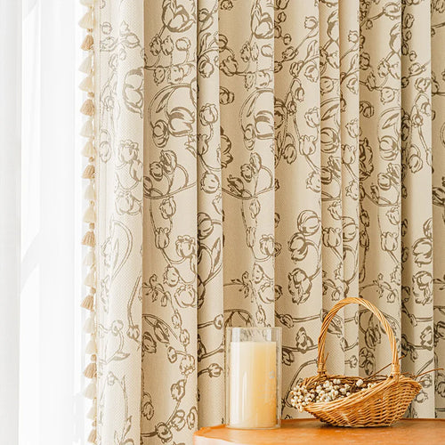 rideau épais beige motif fleurs stylisées salon chambre classique vintage tissu luxueux
