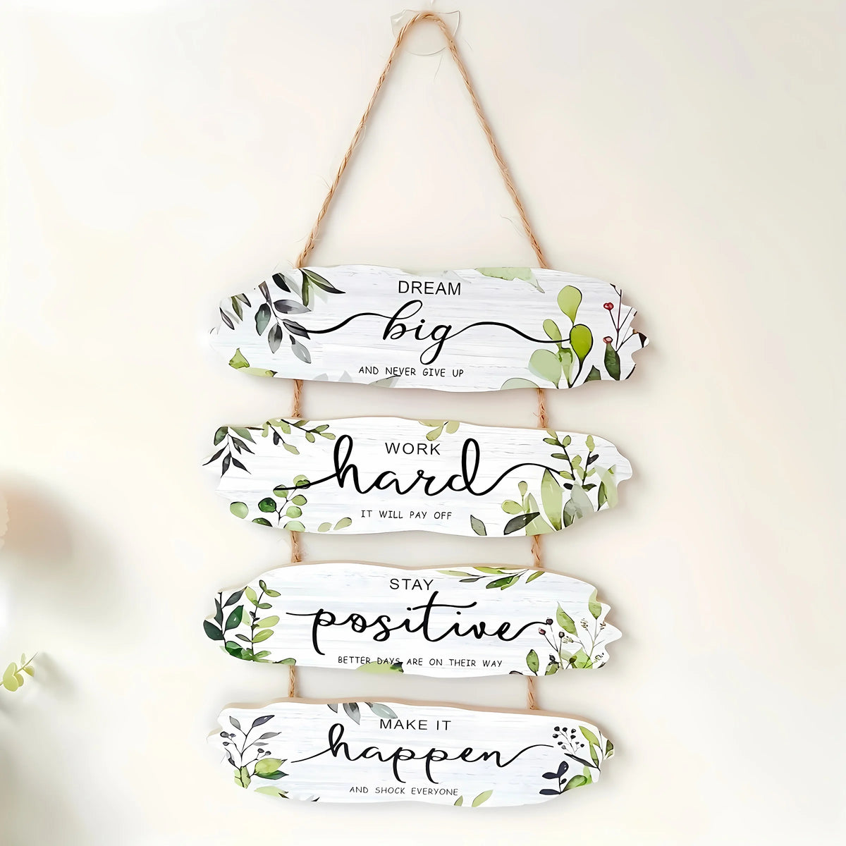 décoration murale bois rustique motifs végétaux feuilles branches inspirant motivant panneau suspendu corde sweet
