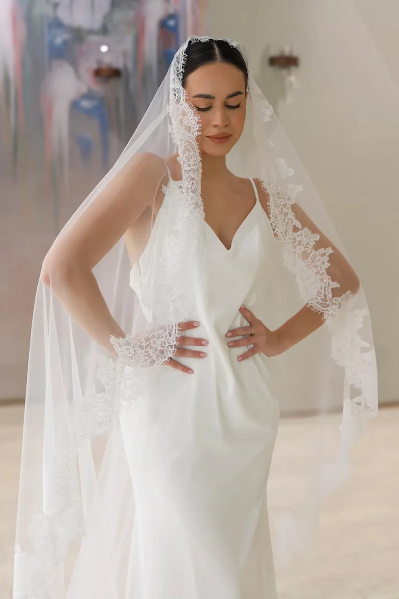 voile mariée dentelle polyester blanc crème classique élégant translucide bordure dentelle