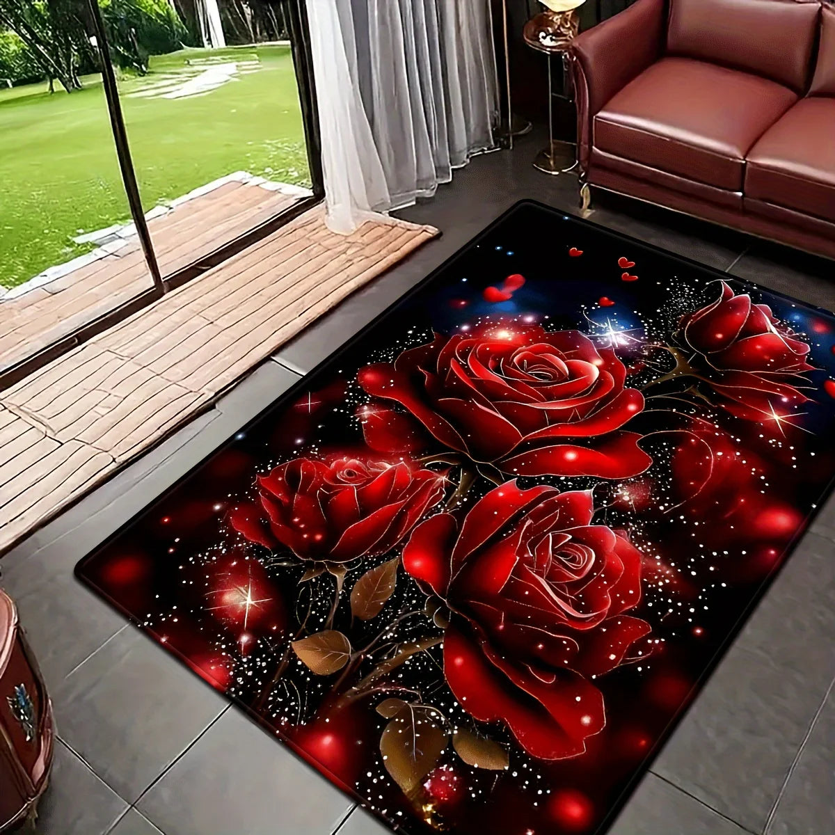 tapis rouge roses noires feuilles dorées étoiles blanches moderne salon chambre décoratif polyester PVC