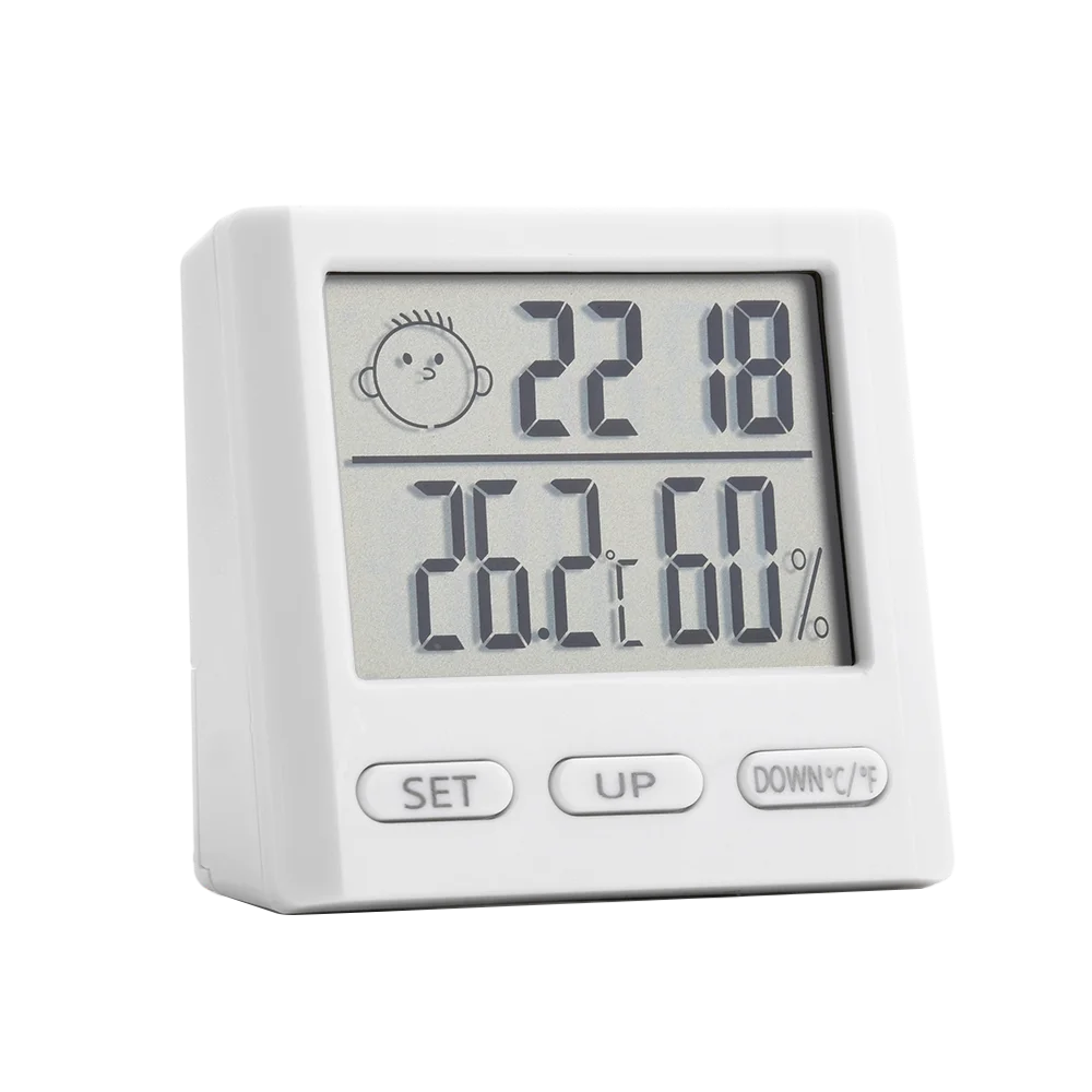 mini horloge alarme blanc affichage température humidité emojis moderne compact lcd numérique