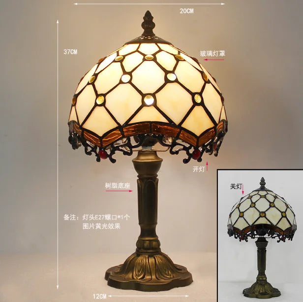 lampe table tiffany mosaïque verre coloré floral interrupteur bascule métal doré