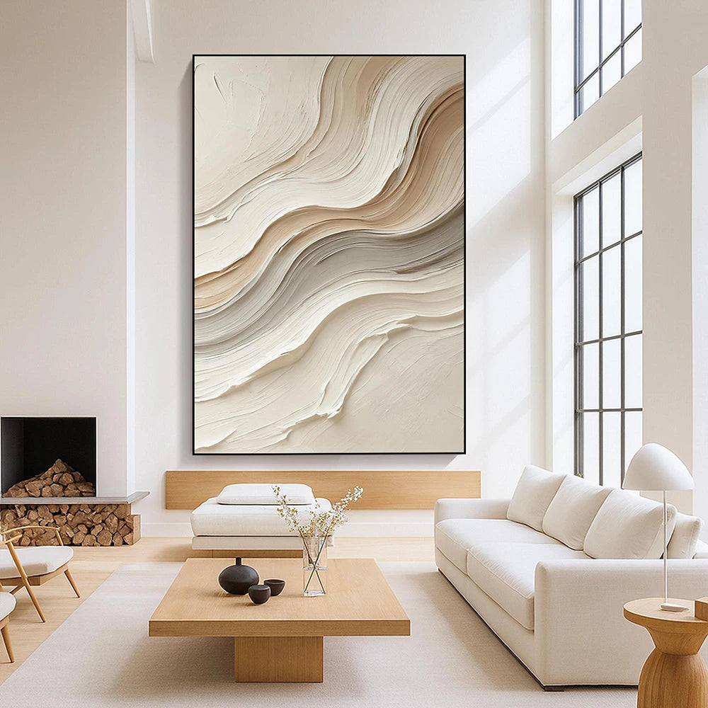tableau abstrait moderne minimaliste toile vague beige salon décoration mur opaque sans cadre vertical