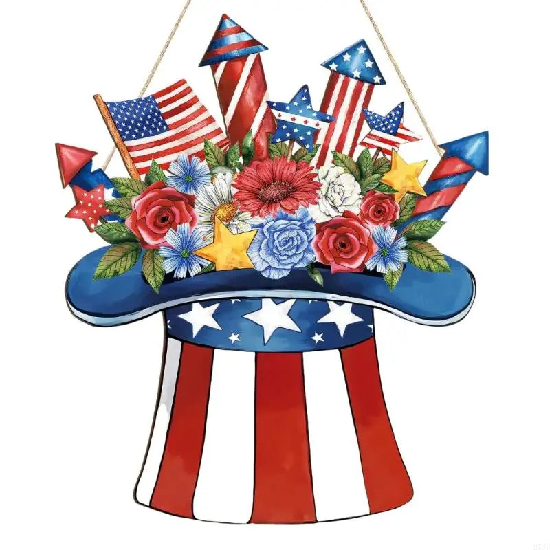 couronne porte bleu étoiles blanches rayures rouges fleurs patriotique cordelette pré assemblée
