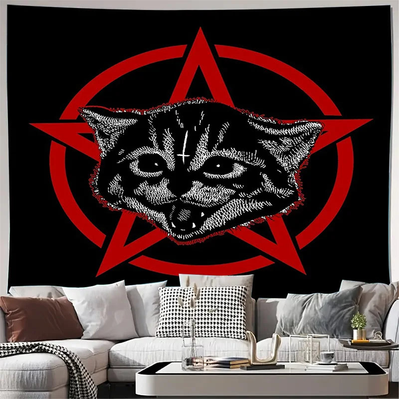 tapisserie murale gothique chat yeux croix géométrique noir rouge gris contemporain graphique decoration chambre