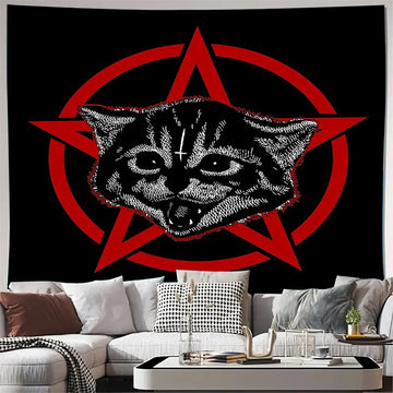 tapisserie murale gothique chat yeux croix géométrique noir rouge gris contemporain graphique decoration chambre