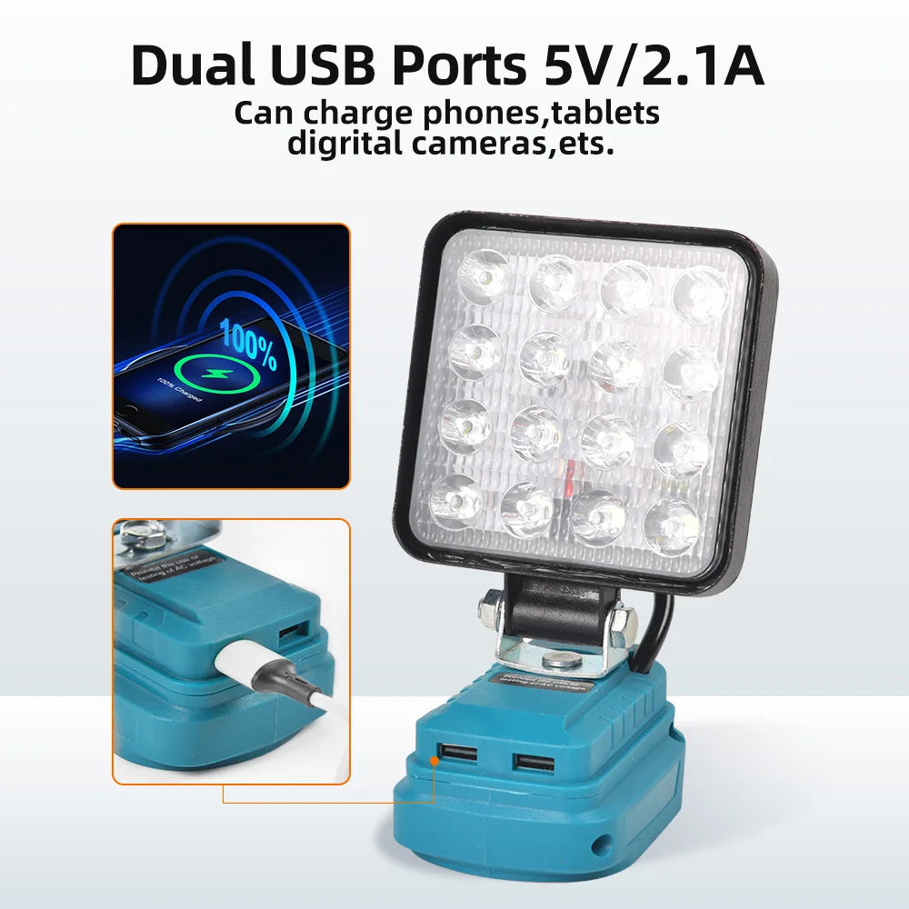 lampe led travail projecteur makita batterie 18v charge usb lentille réfléchissante support pivotant industrielle