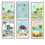 Une sélection d'affiches vintage illustrant les charmes des Florida Keys, de Key West, des rues de Grèce et des Bahamas, mettant en scène des chats et des paysages colorés.