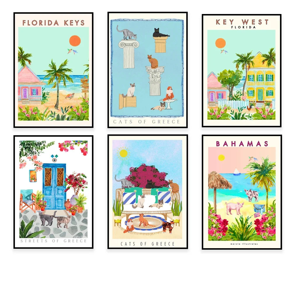 Une sélection d'affiches vintage illustrant les charmes des Florida Keys, de Key West, des rues de Grèce et des Bahamas, mettant en scène des chats et des paysages colorés.