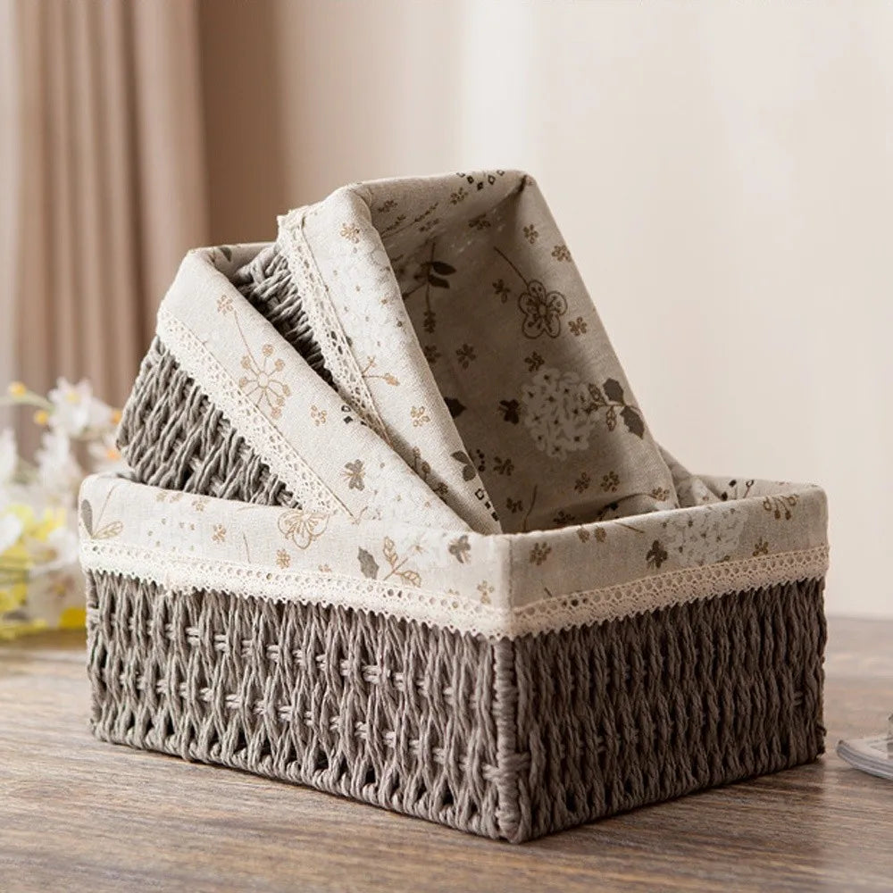 paniers rangement tissés imitation rattan floral beiges rustiques boho chic multifonctionnels stockage