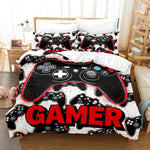 housse couette gamer manette jeu vidéo rouge noir blanc microfibre coton lit double