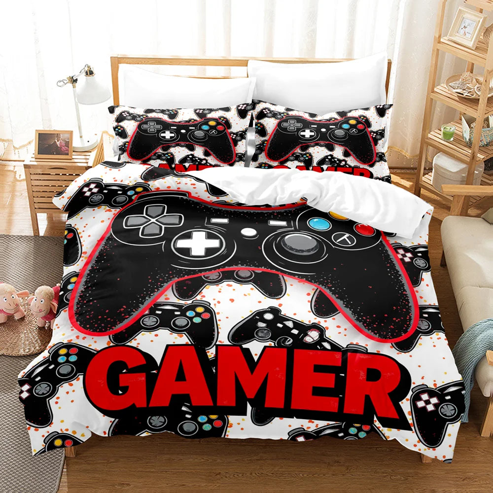 housse couette gamer manette jeu vidéo rouge noir blanc microfibre coton lit double