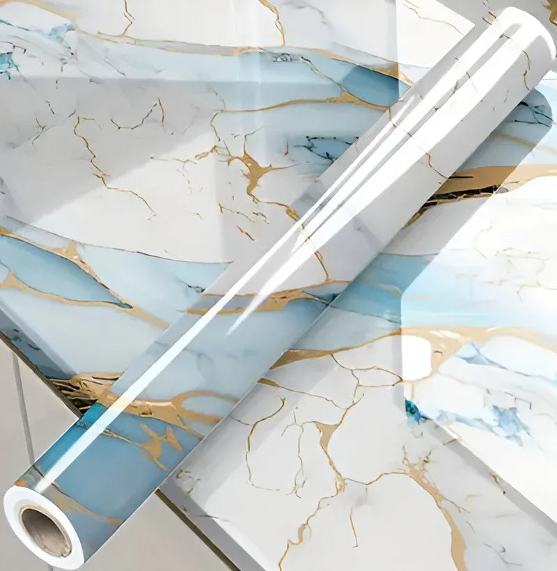 papier peint autoadhésif marbre moderne blanc bleu doré résistant humidité sans formaldéhyde