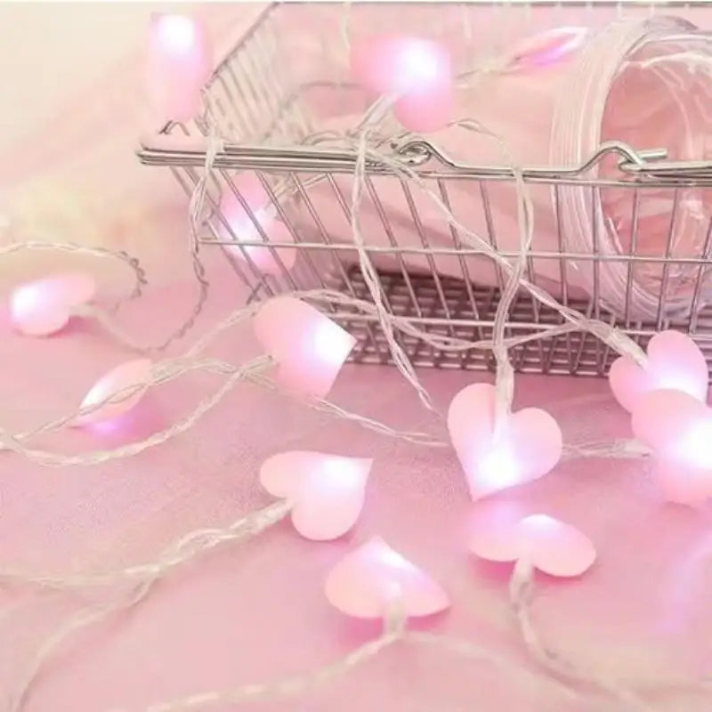 guirlande lumineuse led rose coeurs tissu mat decoration romantique chambre fille lumière blanche batterie