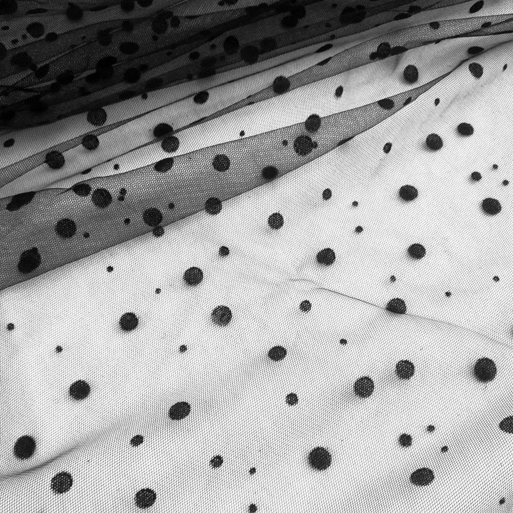 tissu polyester noir points dorés tulle transparent moderne élégant occasion fête largeur