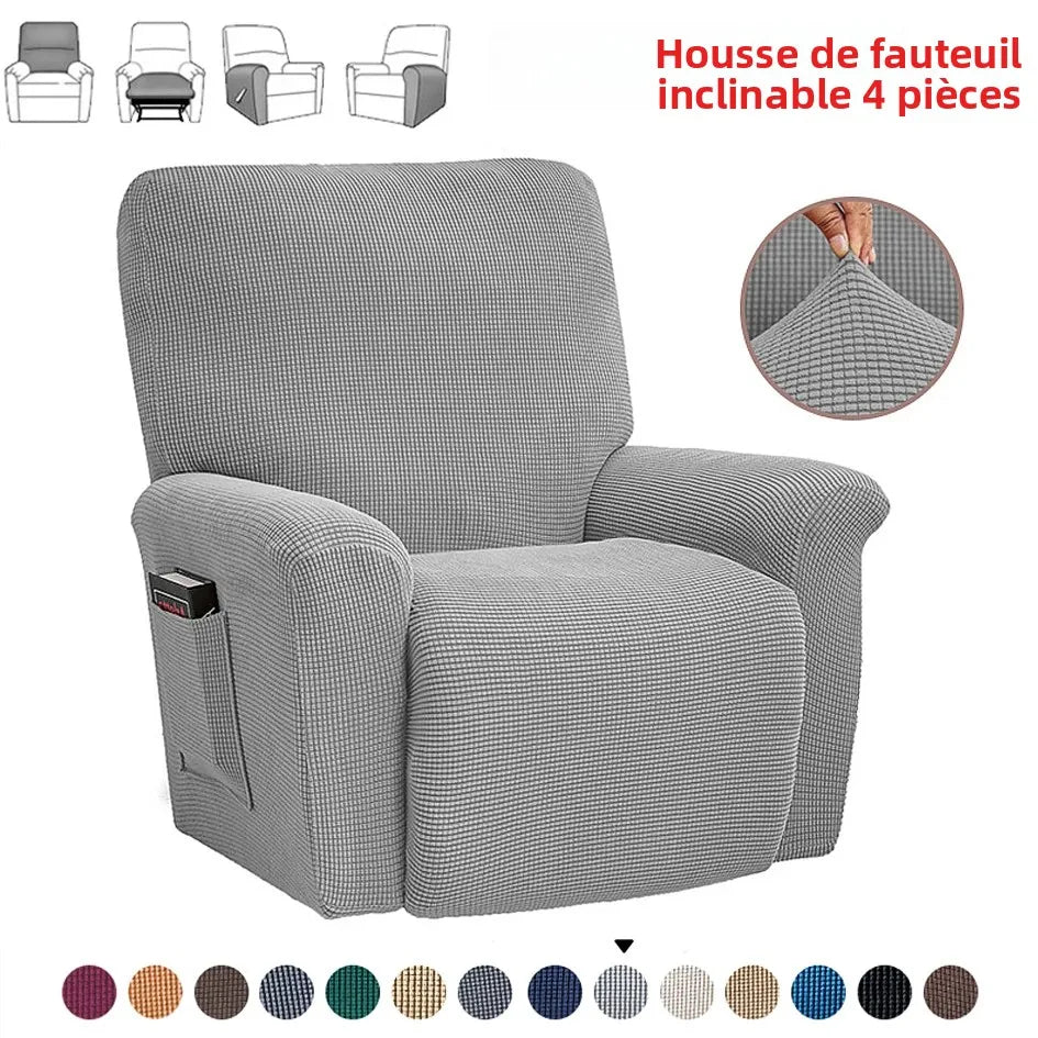 Housse fauteuil inclinable bleu noir gris jacinquée extensible moderne poche adhésif lavage machine