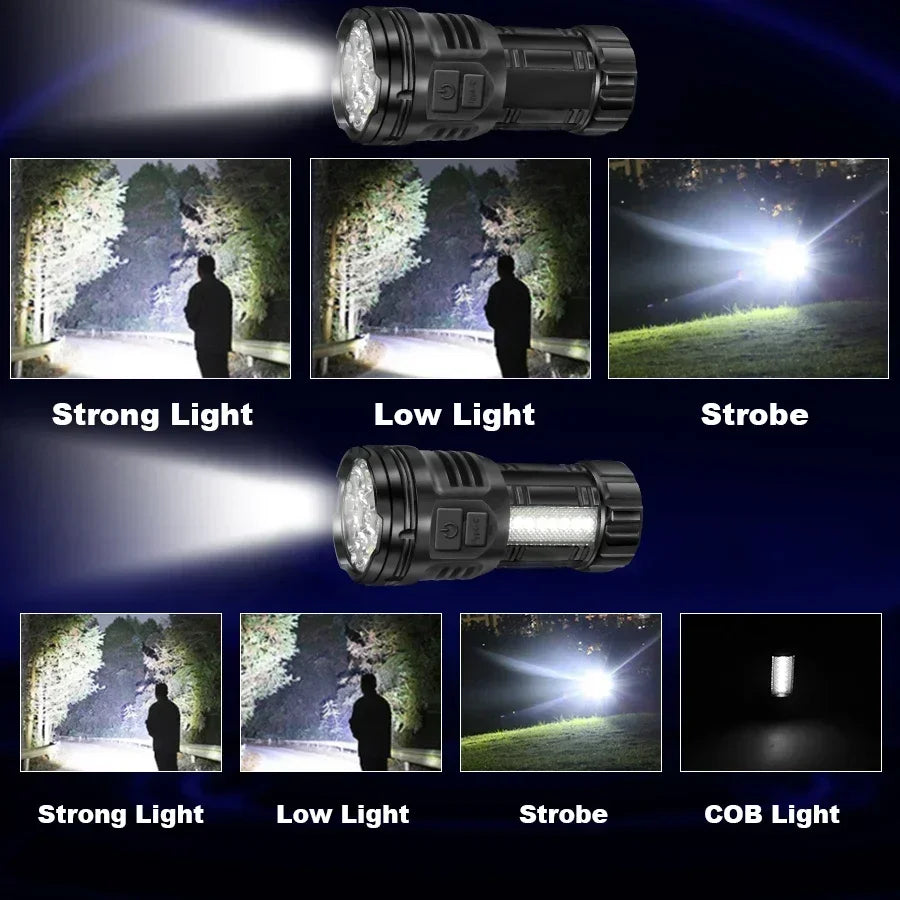 lampe torche noire led rechargeable 9led cob lumiere forte aimantée modernisée robuste