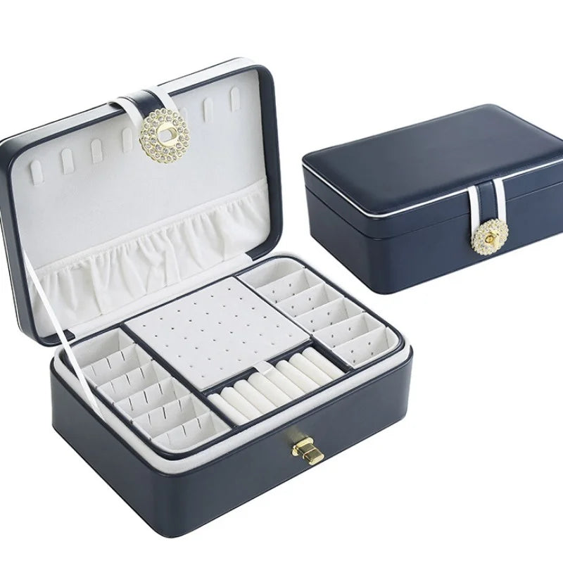 boîte bijoux bleu marine classique simili cuir double compartiment rangement bagues bracelets montres colliers