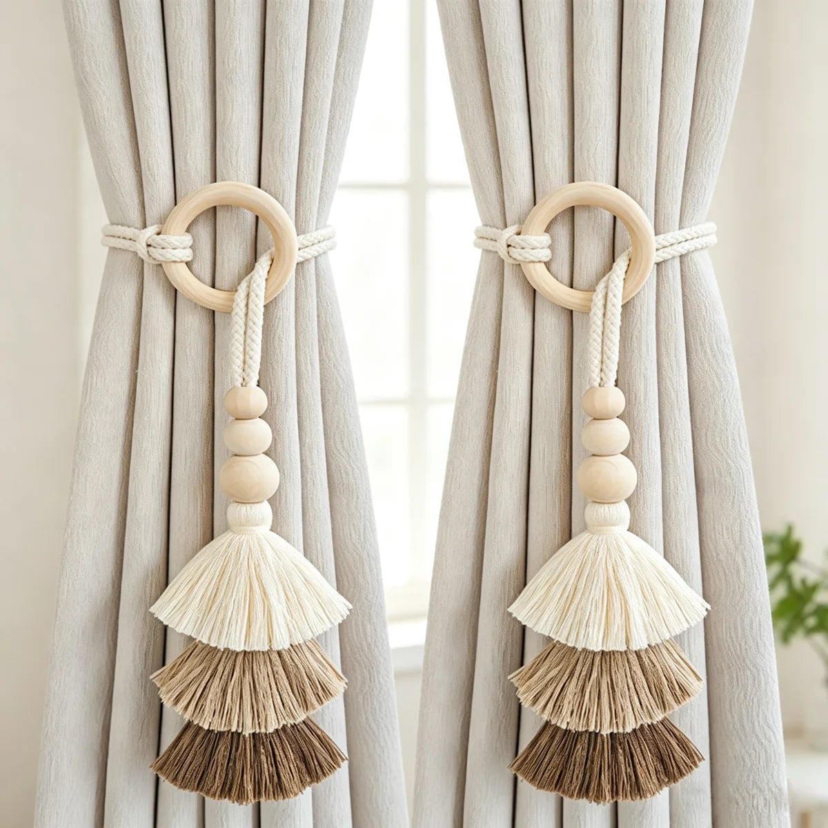boucles rideau tissu tressé bois pompons boho chic anneaux réglables coton opaque nordique rustic