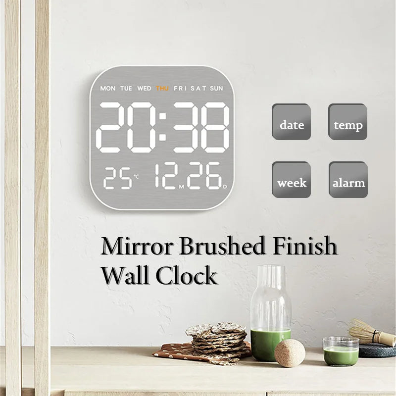 horloge murale moderne finition brossée affichage numérique température alarme gris salon chambre