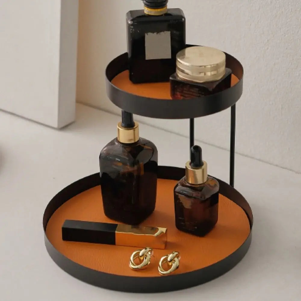 plateau rangement deux niveaux moderne flacons parfums bougies bijoux étiquettes minimalistes