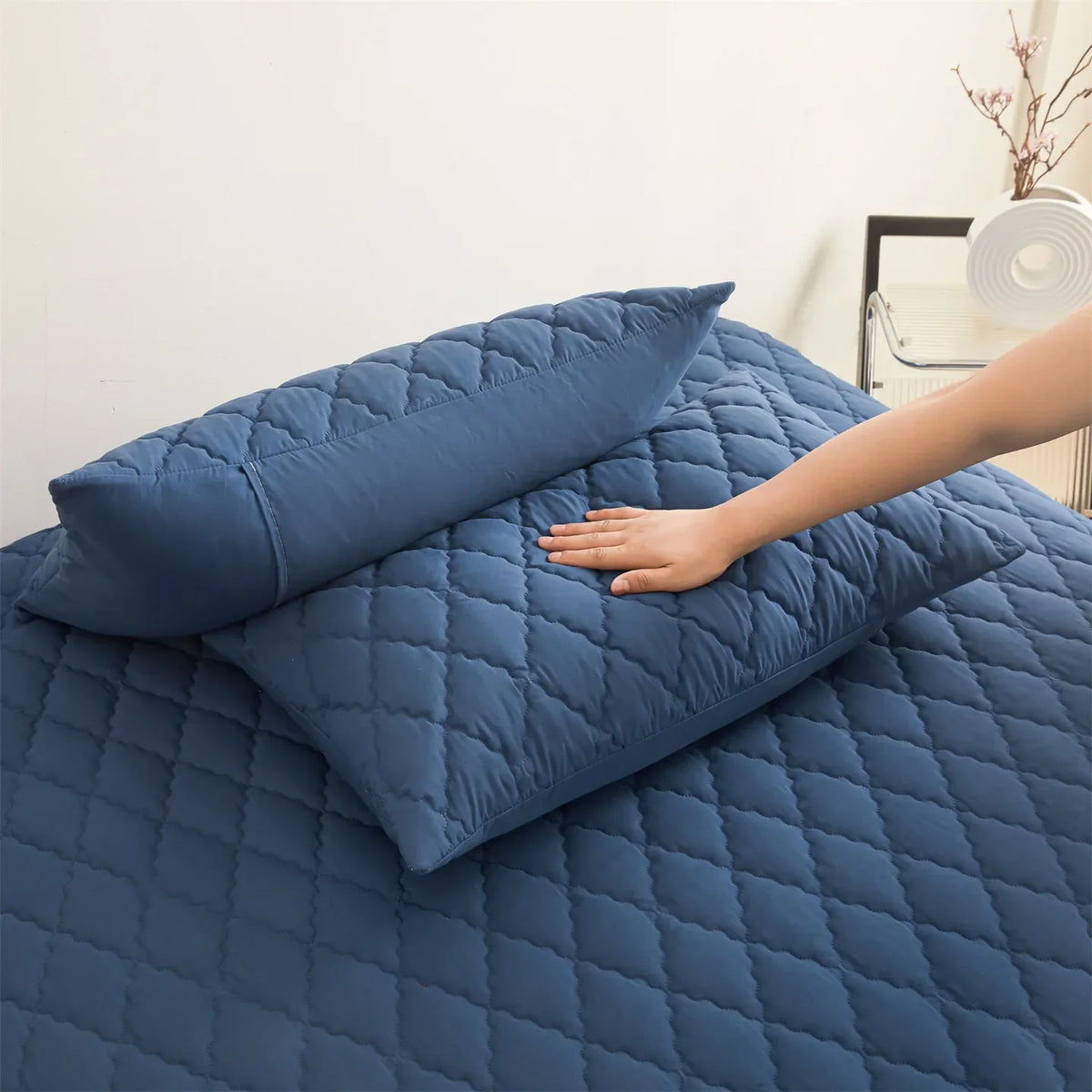 taies d'oreiller imperméables patchwork bleu moderne maison carreaux géométriques polyester 300 fils