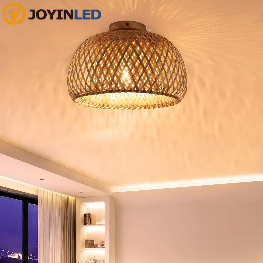 lampe suspendue bois tissage bambou moderne rustique 30cm 38cm led naturel