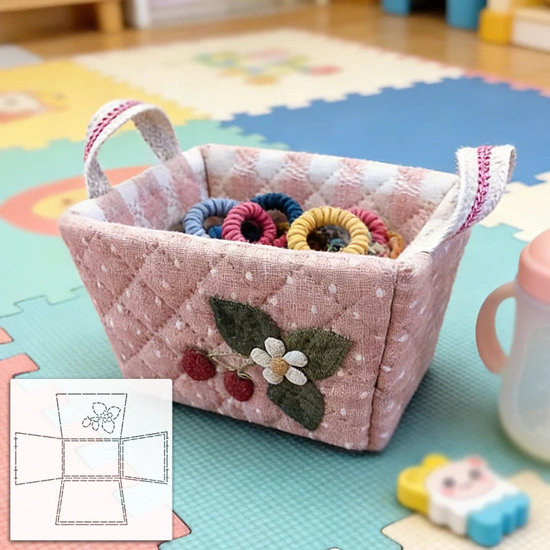 panier rectangulaire rustique motifs carreaux rayures texturé rose beige violet vert blanc