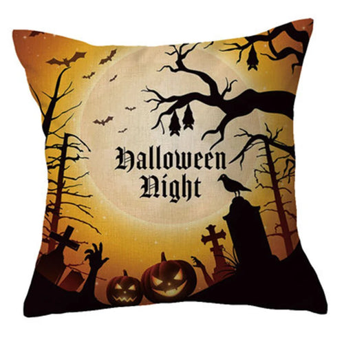 coussin halloween coton lin motif citrouille chauve souris sorciere decoration maison orange noir blanc