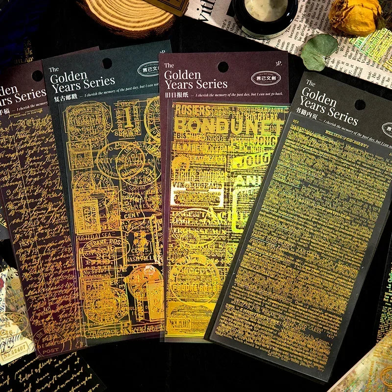 autocollants vintage rétro motifs anciens textes calligraphiés noir doré opaques journal bricolage