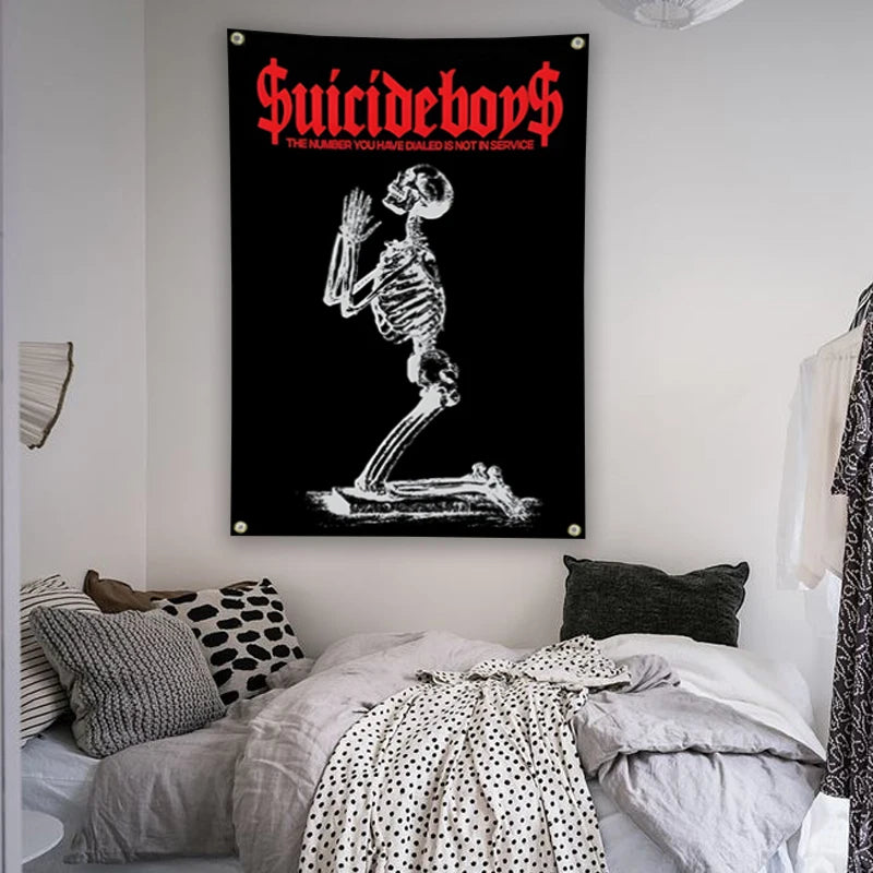affiche murale graphique squelette suicideboys numéro non service noir blanc clips métalliques